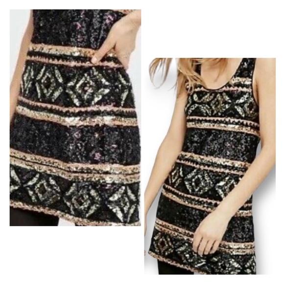 🥂 Free People Fully Sequined Mini Dress Aztec /Geo Design M Black Gold Silver - Picture 10 of 10
